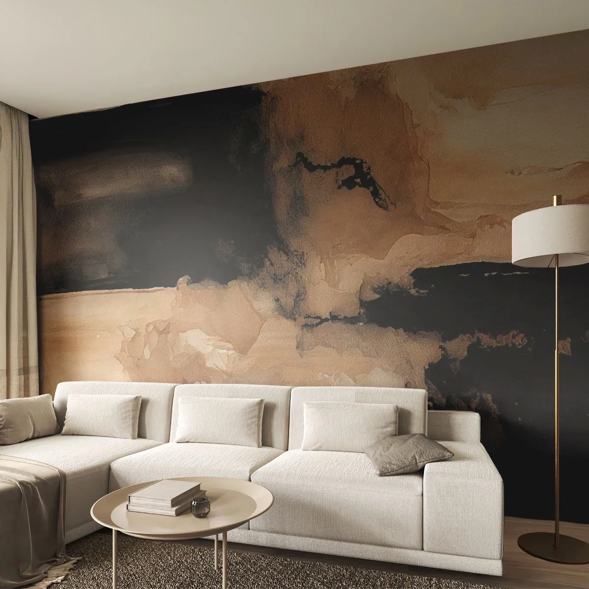 Fototapete Premium Sand - Braune und schwarze abstrakte Komposition im Aquarellstil - 100x70cm - Faszinierende Abstraktion - Moderne Wanddekoration für Wohnzimmer und Schlafzimmer ARTTOR