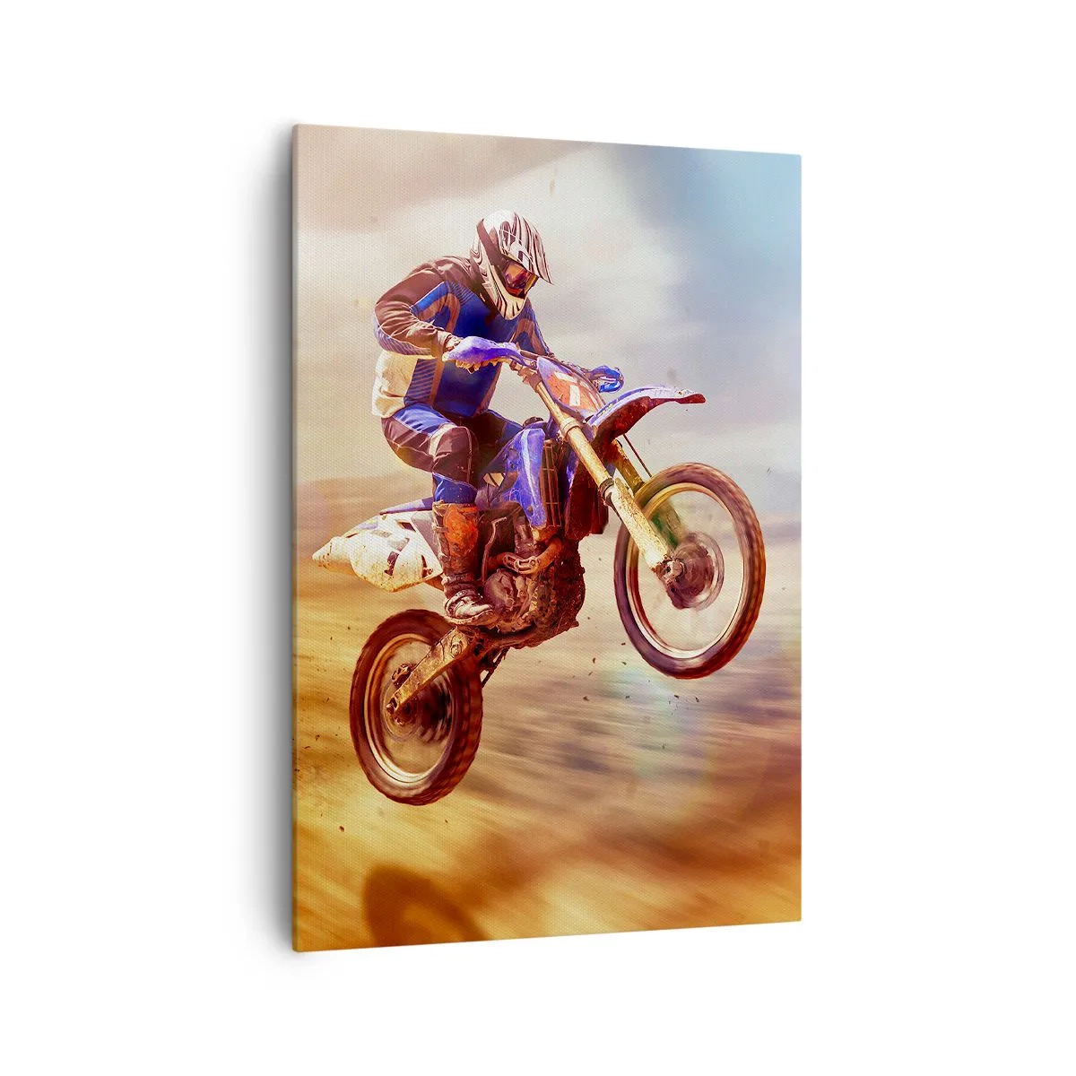 Bild auf Leinwand - Leinwandbild - Ein Motorradfahrer im Flug während einer dynamischen Offroad-Fahrt - 70x100cm - Motorradschwindel - Moderne Wanddekoration für Wohnzimmer und Schlafzimmer ARTTOR