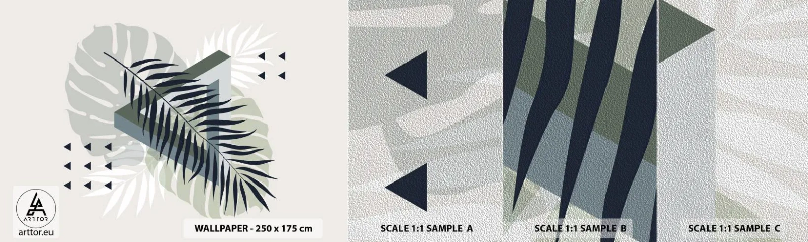 Fototapeten Muster Premium Sand - Natur und Geometrie – zwei Ordnungen? - Monstera-Blatt, Palmblatt, Grafik - 100x30 cm