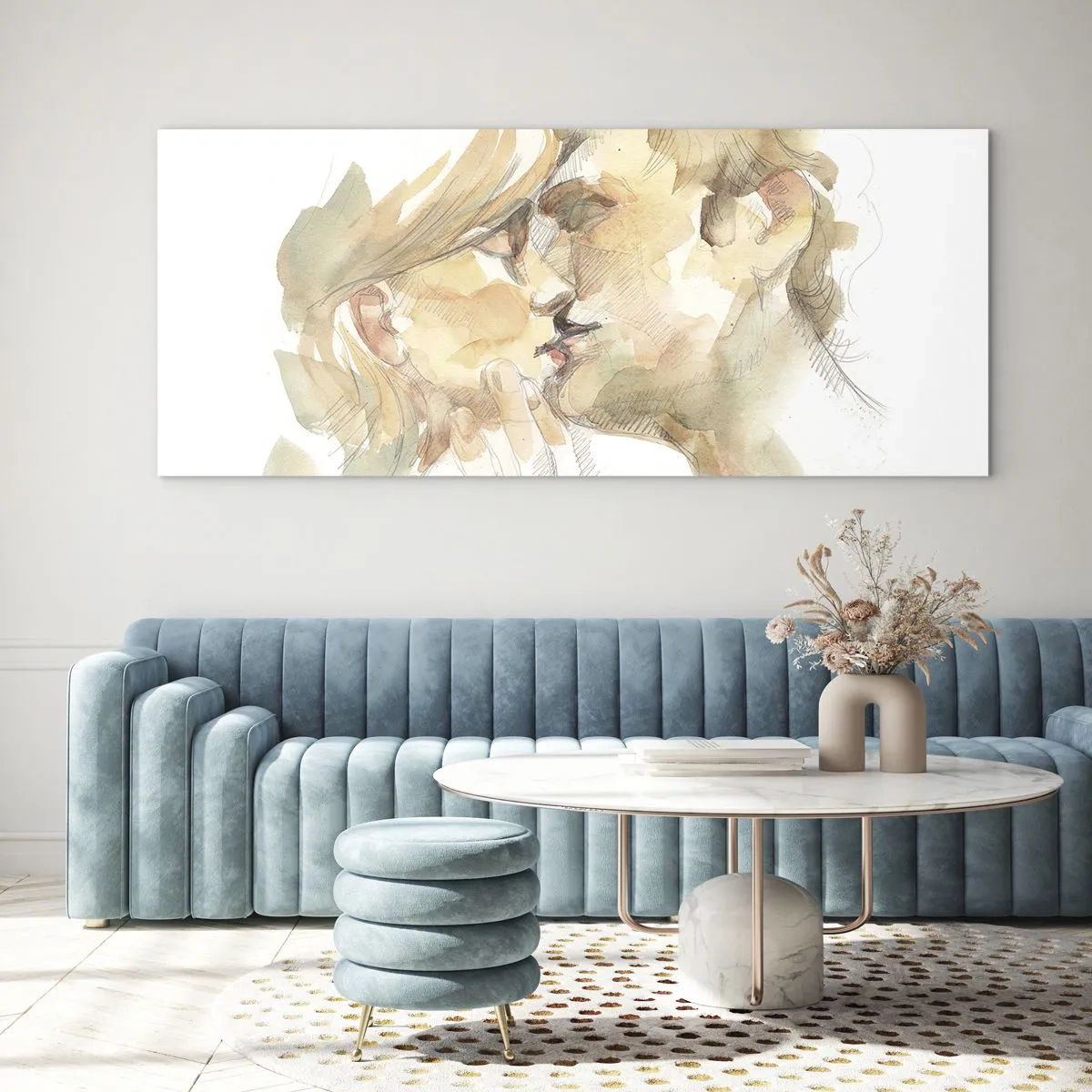 Glasbild - Bild auf glas - Romantisches Aquarellporträt eines sich küssenden Paares - 120x50cm - Hälfte gefunden? - Moderne Wanddekoration für Wohnzimmer und Schlafzimmer ARTTOR