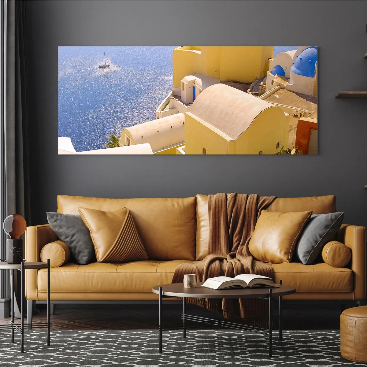 Glasbild - Bild auf glas - Griechische Landschaft in Weiß und Blau - 100x40 cm