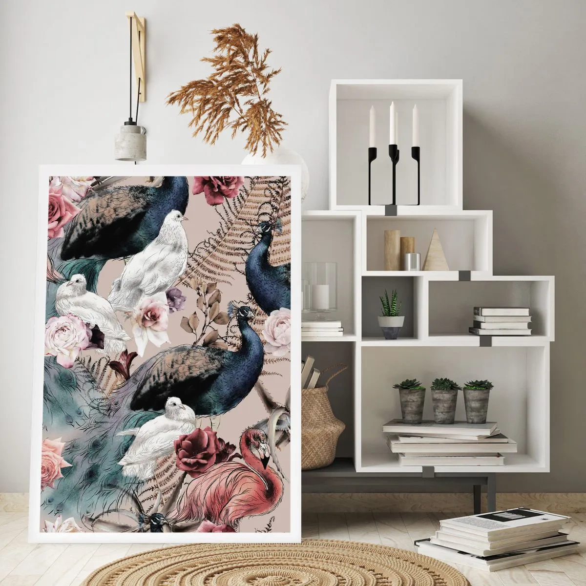 Poster - Bunte Vögel und Blumen auf beigem Hintergrund - 50x70cm - Im Schlossgarten - Moderne Wanddekoration für Wohnzimmer und Schlafzimmer ARTTOR