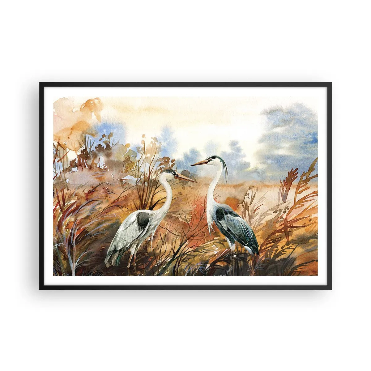 Poster in einem schwarzem Rahmen - Zwei Reiher vor dem Hintergrund einer herbstlichen Landschaft - 100x70cm - Wohin im Herbst? - Moderne Wanddekoration für Wohnzimmer und Schlafzimmer ARTTOR