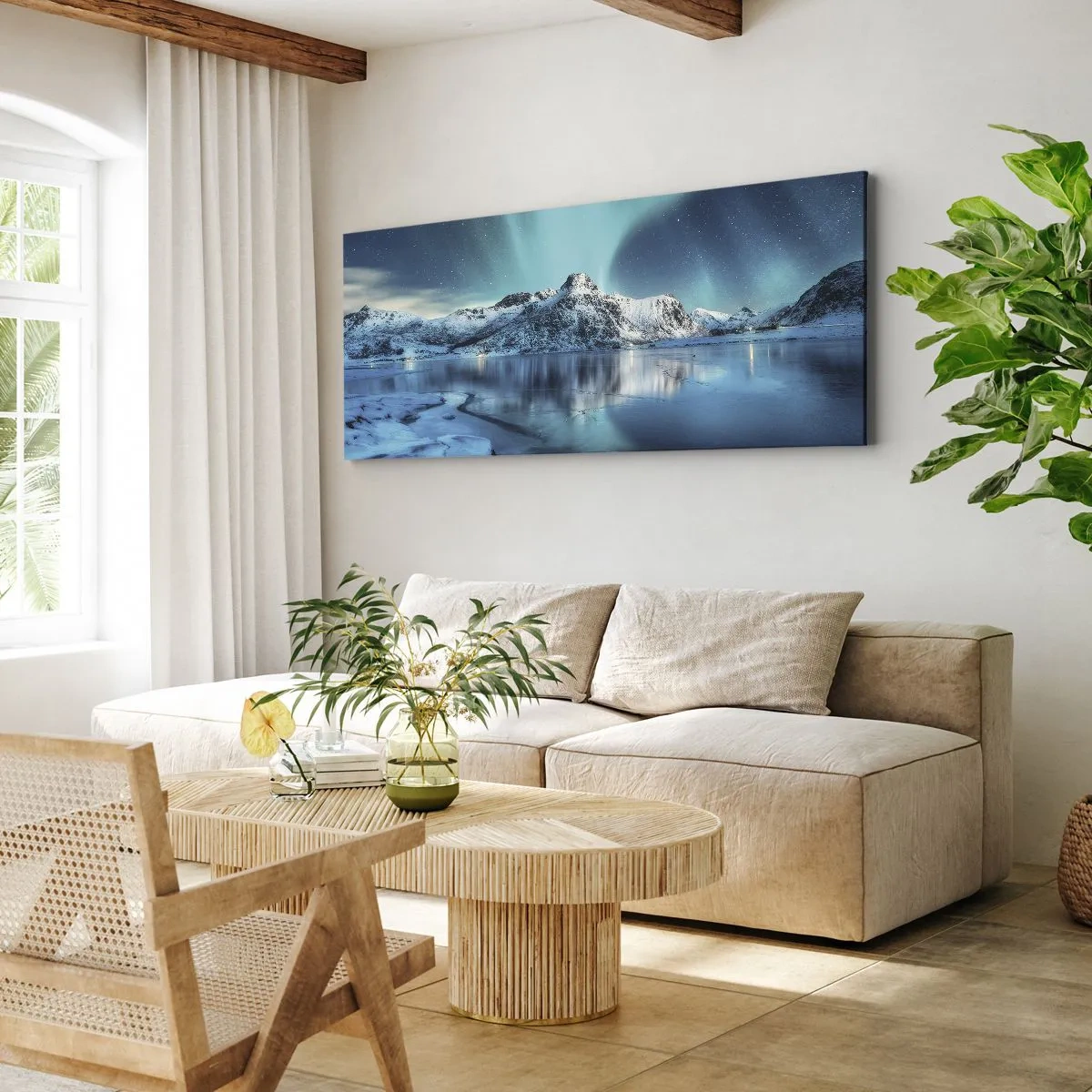 Bild auf Leinwand - Leinwandbild - Aurora Borealis über schneebedeckten Bergen und einem See - 120x50cm - Lichtnacht - Moderne Wanddekoration für Wohnzimmer und Schlafzimmer ARTTOR