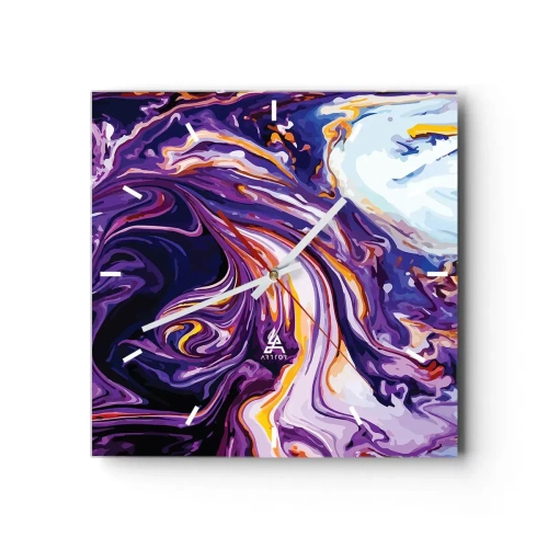 Wanduhr - Glasuhr - Ein dynamisches abstraktes Muster in Lila- und Gelbtönen. - 30x30cm - Die Falte ist lila geworden - Moderne Wanddekoration für Wohnzimmer und Schlafzimmer ARTTOR