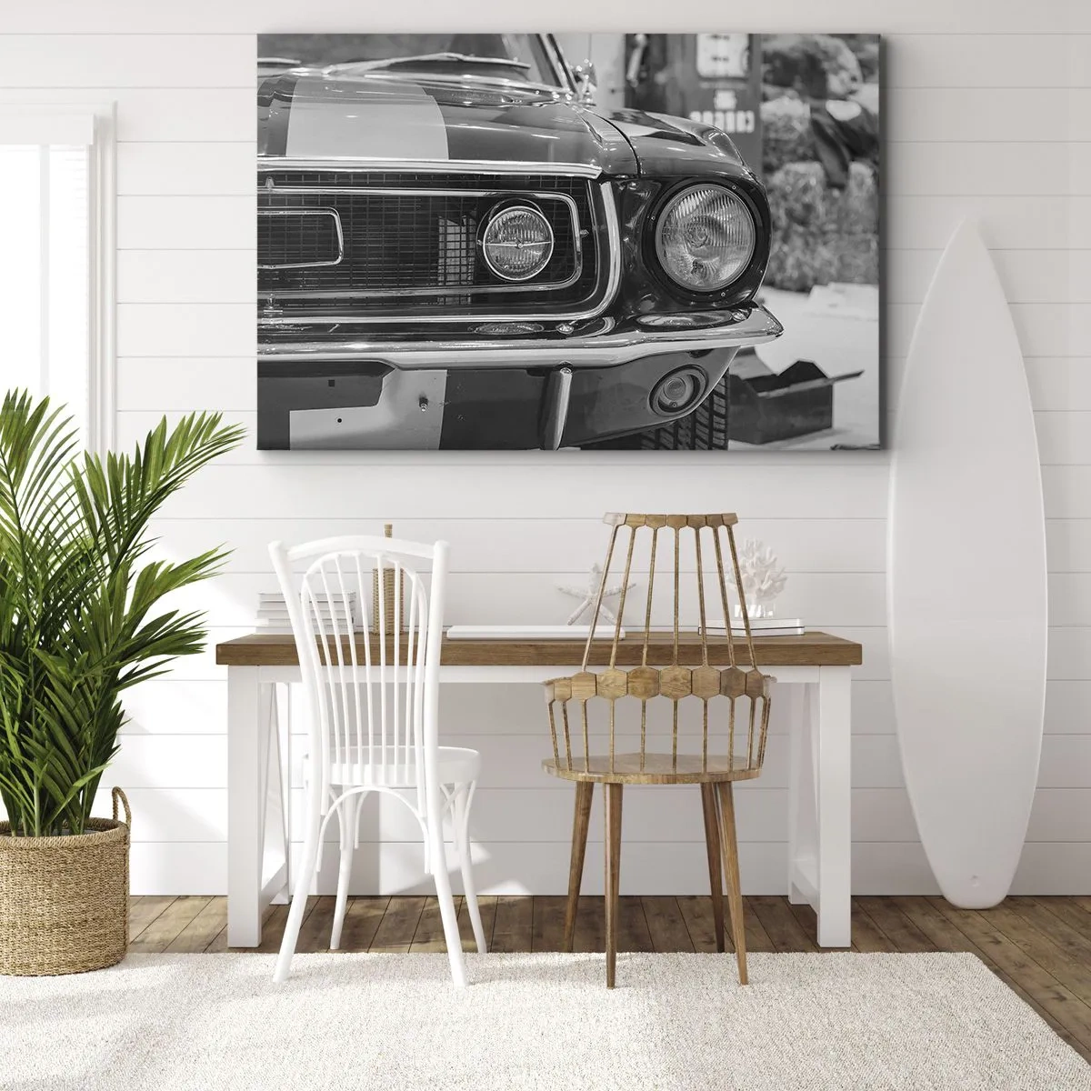 Bild auf Leinwand - Leinwandbild - Schwarz-weiße Motorhaube eines Oldtimers - 70x50cm - Wilder Ritt - Moderne Wanddekoration für Wohnzimmer und Schlafzimmer ARTTOR