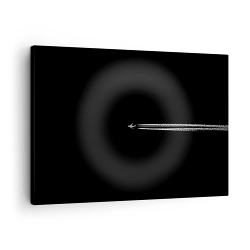 Bild auf Leinwand - Leinwandbild - Ein Düsenflugzeug mit sichtbarem Kondensstreifen auf schwarzem Hintergrund - 70x50cm - In eine andere Dimension - Moderne Wanddekoration für Wohnzimmer und Schlafzimmer ARTTOR