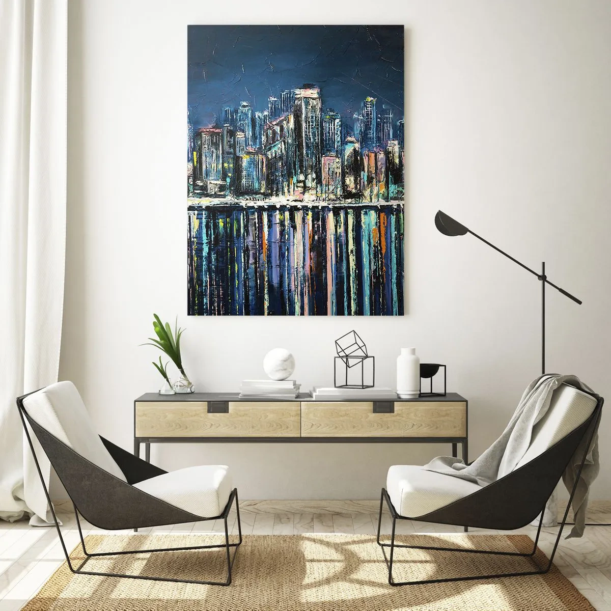 Glasbild - Bild auf glas - Panorama der nächtlichen Stadt, die sich im Wasser spiegelt - 80x120cm - Kaskade von Lichtern - Moderne Wanddekoration für Wohnzimmer und Schlafzimmer ARTTOR
