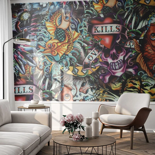 Fototapete Standard Eco - Bunte Tattoo-Komposition im Old-School-Stil - 100x70cm - Der Traum des Tätowierers - Moderne Wanddekoration für Wohnzimmer und Schlafzimmer ARTTOR