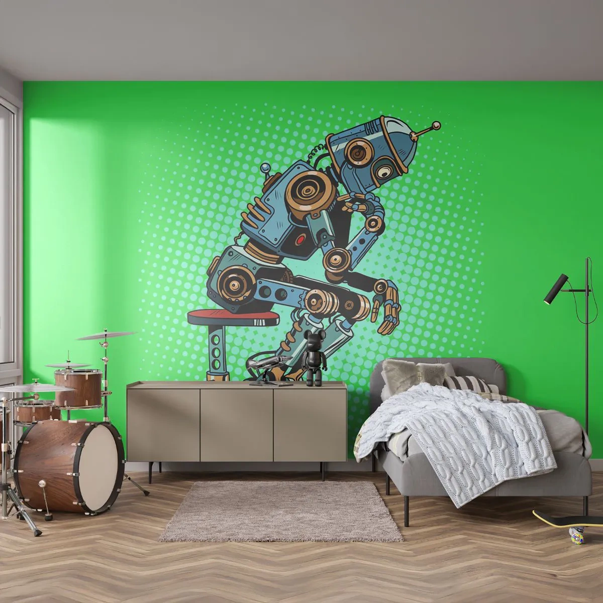 Fototapete Premium Sand - Denkender Roboter im Pop-Art-Stil auf grünem Hintergrund - 100x70cm - Über der Essenz des Seins - Moderne Wanddekoration für Wohnzimmer und Schlafzimmer ARTTOR