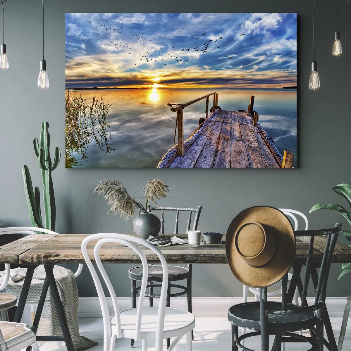 Bild auf Leinwand - Leinwandbild - Holzsteg über dem See bei Sonnenuntergang - 120x80cm - Der Wind geht zur Ruhe - Moderne Wanddekoration für Wohnzimmer und Schlafzimmer ARTTOR