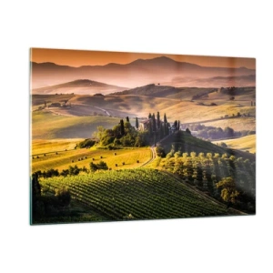 Glasbild - Bild auf glas - Toskanische Landschaft bei Sonnenaufgang - 120x80cm - Arkadien - die toskanische Landschaft - Moderne Wanddekoration für Wohnzimmer und Schlafzimmer ARTTOR