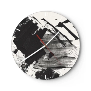 Wanduhr - Glasuhr - Dynamische Schwarz-Weiß-Abstraktion mit breiten Strichen - 30x30cm - Abstraktion – Ausdruck von Schwarz - Moderne Wanddekoration für Wohnzimmer, Küche und Schlafzimmer ARTTOR