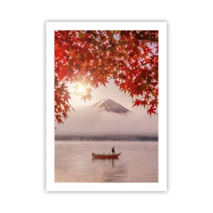 Poster - Mount Fuji mit einem Boot auf einem See und Herbstlaub - 50x70cm - Im japanischen Klima - Moderne Wanddekoration für Wohnzimmer und Schlafzimmer ARTTOR