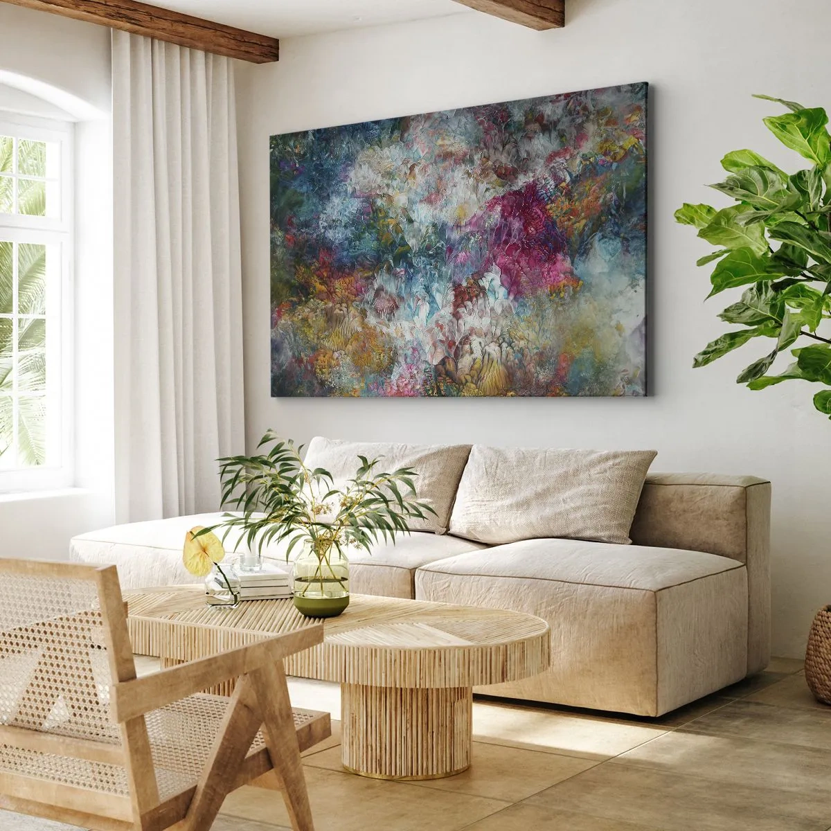 Bild auf Leinwand - Leinwandbild - Eine farbenfrohe Abstraktion, die an blühende Blumen erinnert - 70x50cm - In voller Blüte - Moderne Wanddekoration für Wohnzimmer und Schlafzimmer ARTTOR