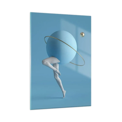 Glasbild - Bild auf glas - Eine minimalistische Komposition eines Planeten mit menschlichen Beinen auf Blau. - 50x70cm - Und die Planeten spielen verrückt - Moderne Wanddekoration für Wohnzimmer und Schlafzimmer ARTTOR