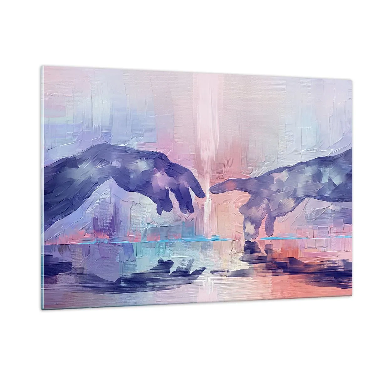 Glasbild - Bild auf glas - Abstrakte Hände nähern sich einander vor einem pastellfarbenen Hintergrund. - 120x80cm - Göttlicher Funke des Lebens - Moderne Wanddekoration für Wohnzimmer und Schlafzimmer ARTTOR