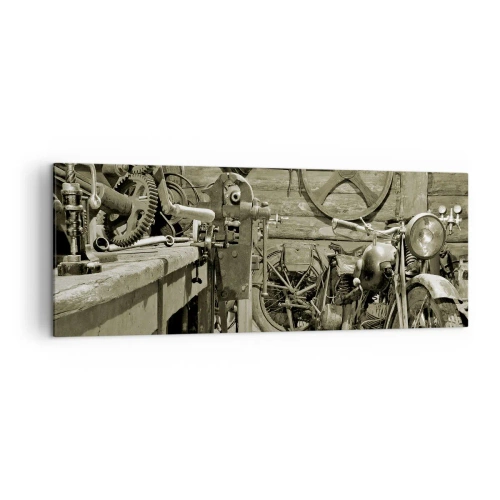 Bild auf Leinwand - Leinwandbild - Retro-Werkstatt mit Motorrädern und Werkzeug - 140x50cm - Im Schuppen von Onkel Władek - Moderne Wanddekoration für Wohnzimmer und Schlafzimmer ARTTOR