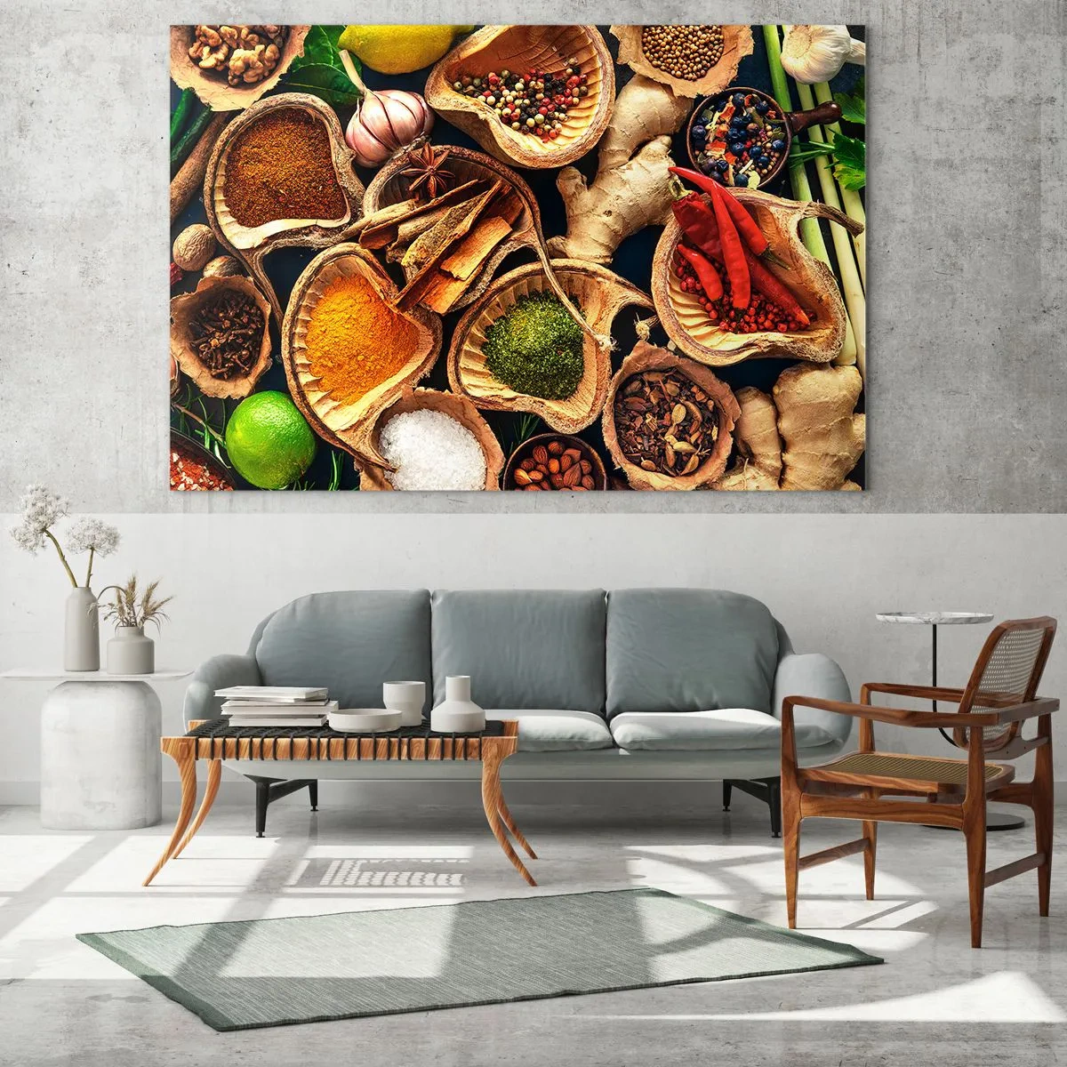 Glasbild - Bild auf glas - Bunte Gewürze in natürlichen Behältern mit Zusätzen - 100x70cm - Nimm was du willst - Moderne Wanddekoration für Wohnzimmer und Schlafzimmer ARTTOR