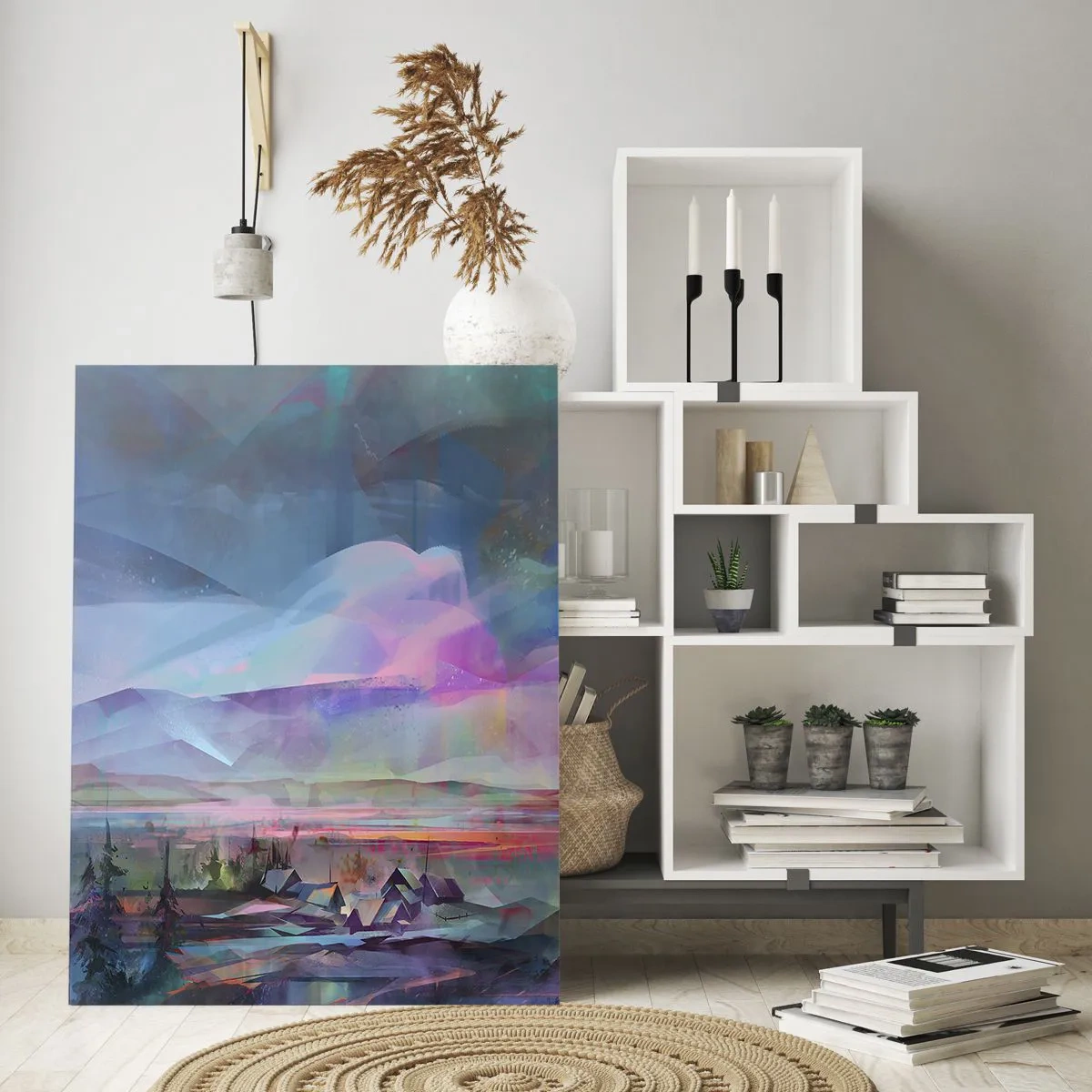 Glasbild - Bild auf glas - Berglandschaft mit buntem Himmel und einem Dorf - 80x120cm - Unter einem wohlwollenden Himmel - Moderne Wanddekoration für Wohnzimmer und Schlafzimmer ARTTOR