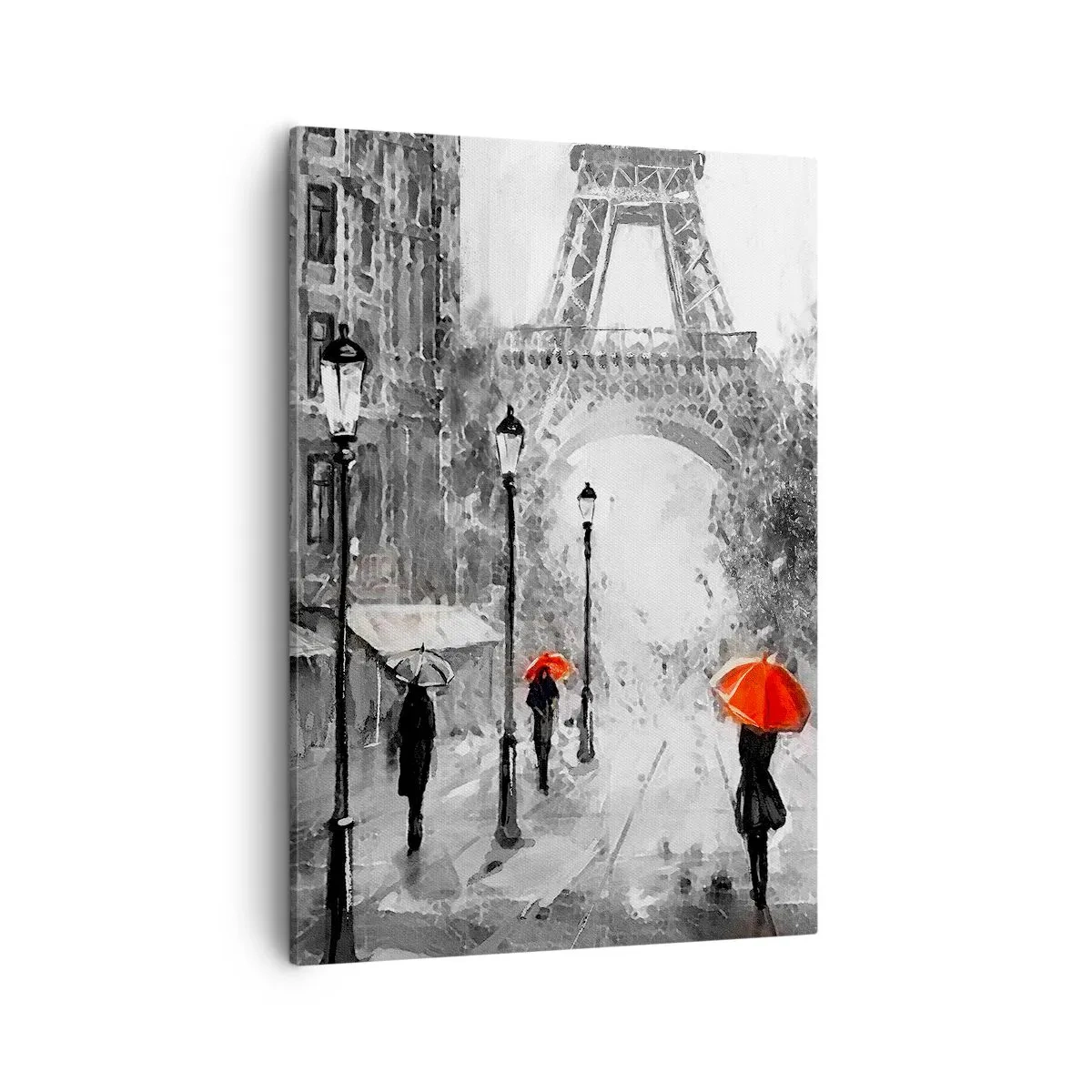 Bild auf Leinwand - Leinwandbild - Eine Straße mit Blick auf den Eiffelturm und roten Regenschirmen - 50x70cm - Alle Wege führen zu ihr - Moderne Wanddekoration für Wohnzimmer und Schlafzimmer ARTTOR