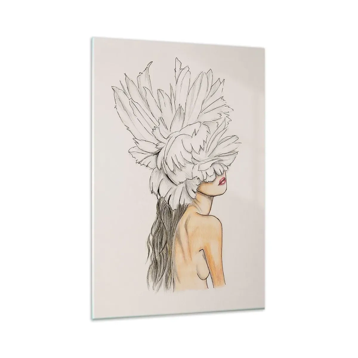 Glasbild - Bild auf glas - Portrait einer Frau mit Federschmuck im künstlerischen Stil - 80x120cm - Gekrönte Schönheit - Moderne Wanddekoration für Wohnzimmer und Schlafzimmer ARTTOR