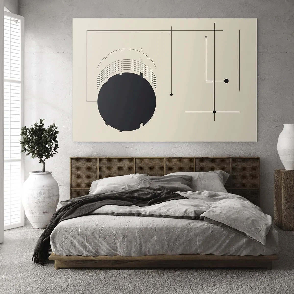 Glasbild - Bild auf glas - Abstrakte Komposition mit schwarzem Kreis und geometrischen Linien - 120x80cm - Flexible und dynamische Komposition - Moderne Wanddekoration für Wohnzimmer und Schlafzimmer ARTTOR