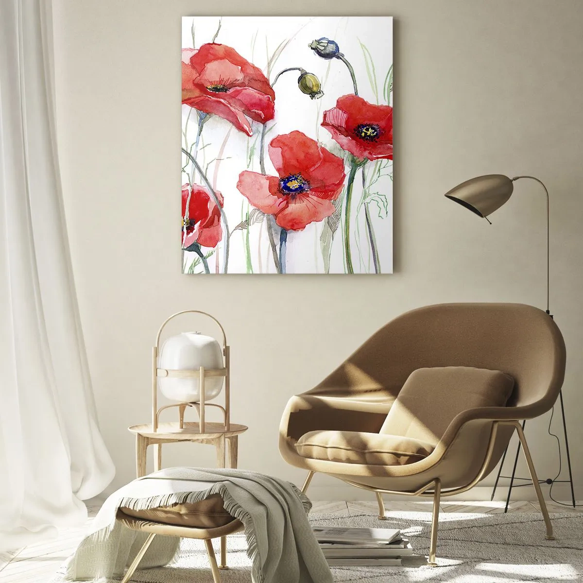 Glasbild - Bild auf glas - Aquarell rote Mohnblumen auf weißem Hintergrund - 50x70cm - Polnische Blumen - Moderne Wanddekoration für Wohnzimmer und Schlafzimmer ARTTOR