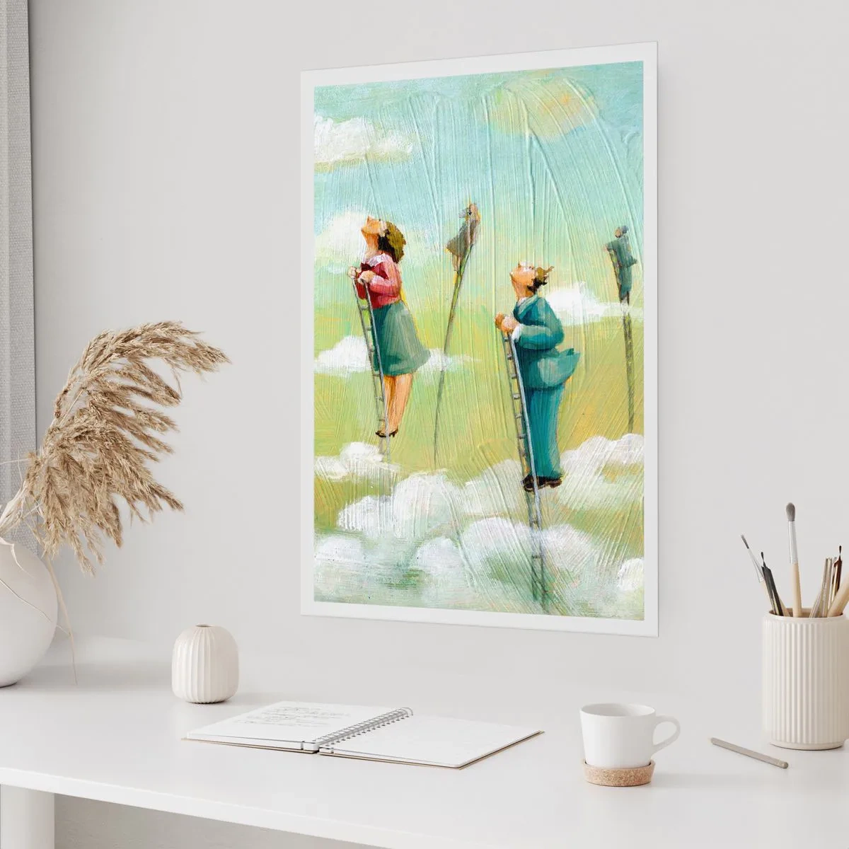 Poster - Figuren, die Leitern in den Wolken erklimmen - 50x70cm - Hinter deinem Traum - Moderne Wanddekoration für Wohnzimmer und Schlafzimmer ARTTOR