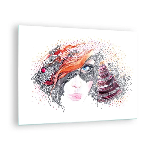 Glasbild - Bild auf glas - Frauenportrait mit dynamischen Mustern und roten Akzenten - 70x50cm - Bei ihr ist jeden Tag Feiertag - Moderne Wanddekoration für Wohnzimmer und Schlafzimmer ARTTOR