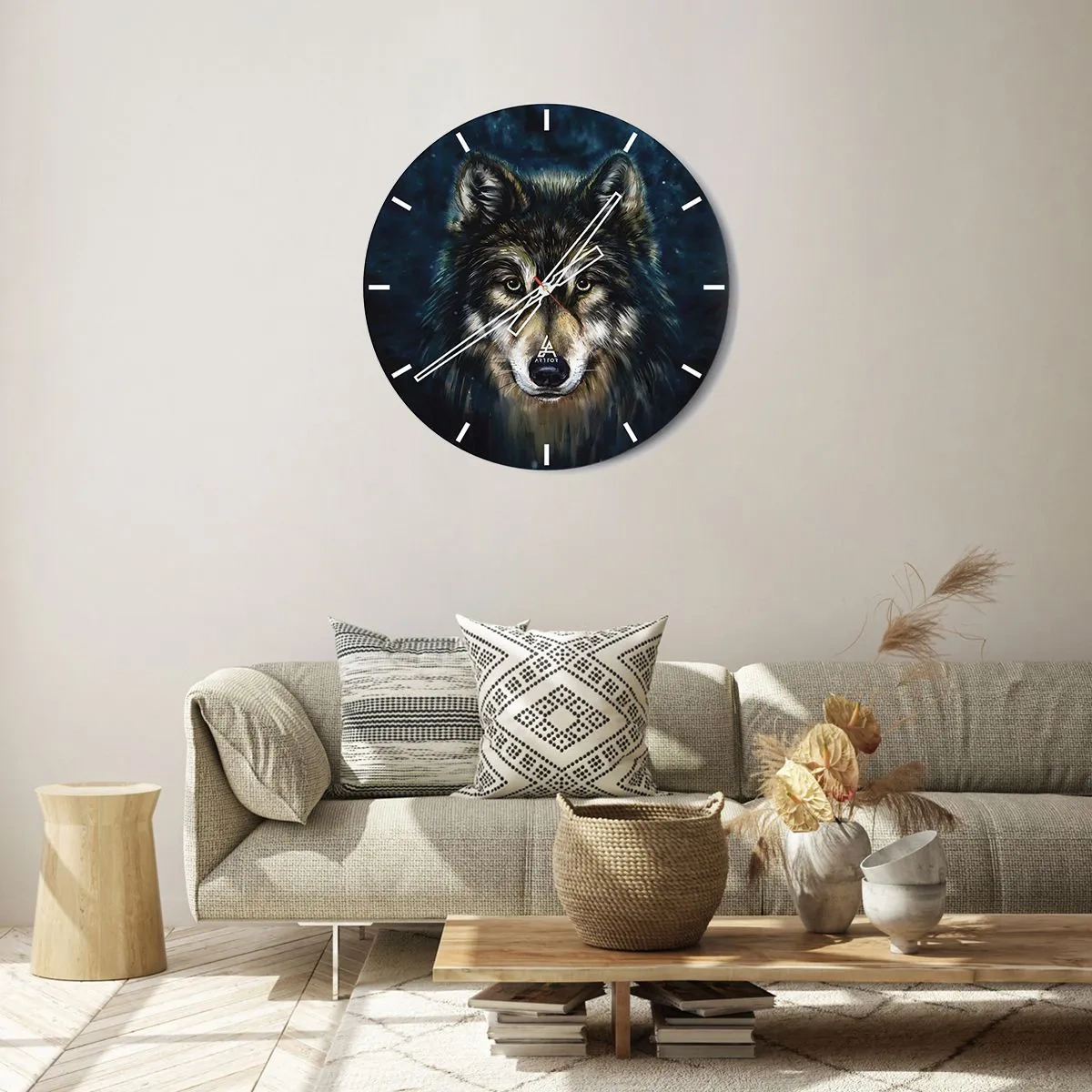 Wanduhr - Glasuhr - Porträt eines Wolfes vor einem dunkelblauen Nachthimmel - 30x30cm - Alpha? Und Omega - Moderne Wanddekoration für Wohnzimmer, Küche und Schlafzimmer ARTTOR