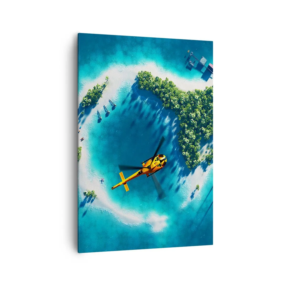 Bild auf Leinwand - Leinwandbild - Eine tropische Insel, umgeben von türkisfarbenem Wasser, mit einem Hubschrauber in Sicht - 70x100cm - Kauf dir eine Insel - Moderne Wanddekoration für Wohnzimmer und Schlafzimmer ARTTOR