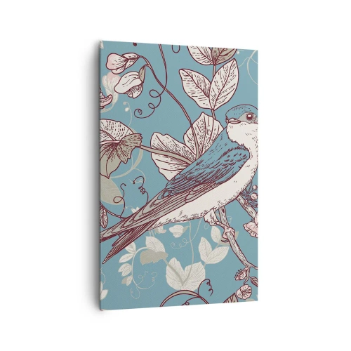 Bild auf Leinwand - Leinwandbild - Ein Vogel auf einem Ast in einem zarten Blumenstil - 80x120cm - Im Weißholz von Rot und Silber - Moderne Wanddekoration für Wohnzimmer und Schlafzimmer ARTTOR
