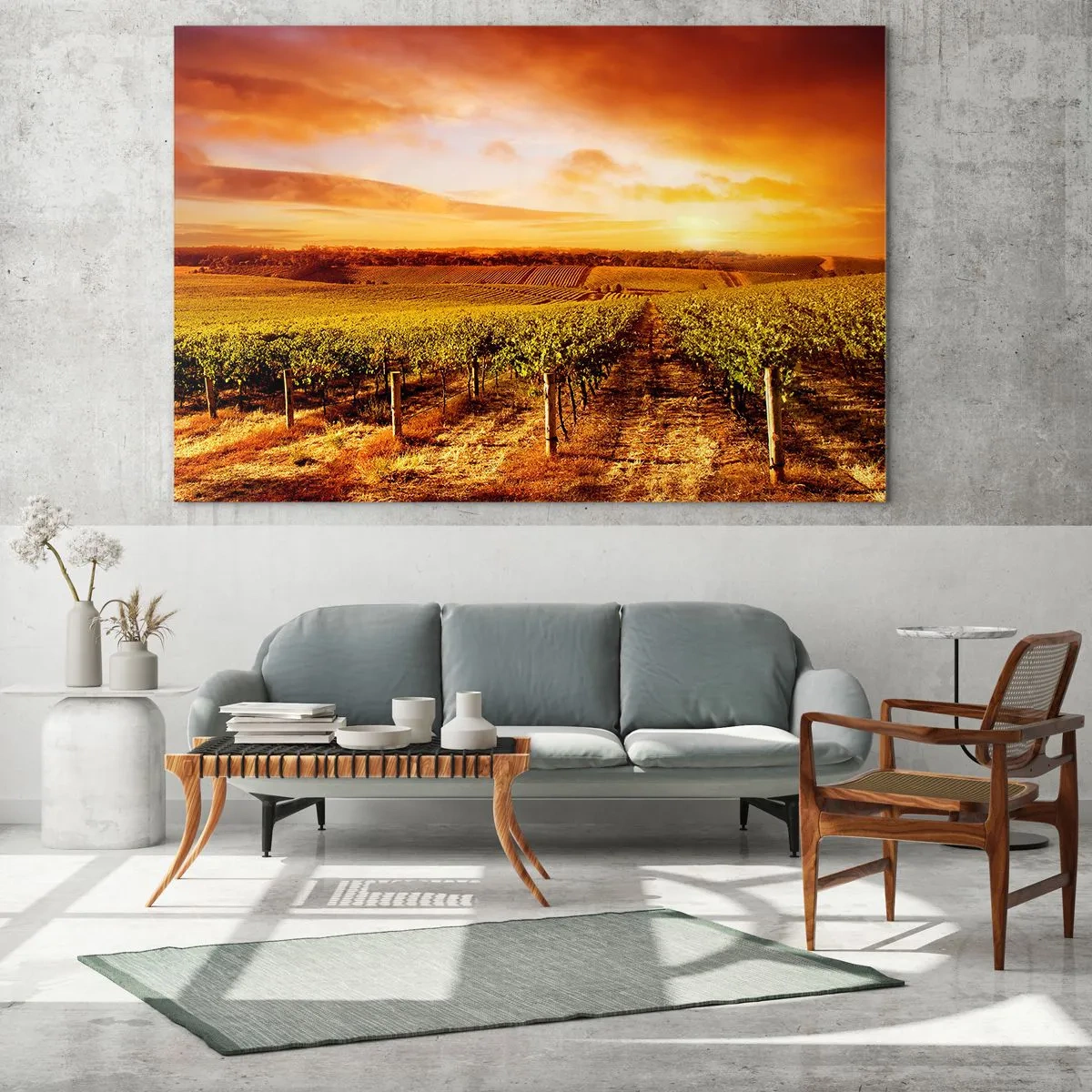 Glasbild - Bild auf glas - Weinreben auf einem Feld bei Sonnenuntergang - 120x80cm - Leicht fruchtig mit einem Hauch Sonnenschein - Moderne Wanddekoration für Wohnzimmer und Schlafzimmer ARTTOR