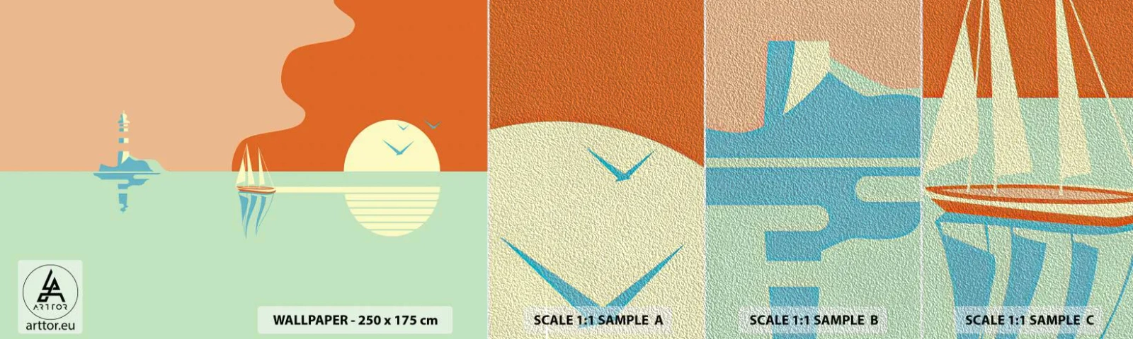 Fototapeten Muster Premium Sand - Die perfekte Meereslandschaft - Abstraktion, Segelschiff, Laterne - 100x30 cm