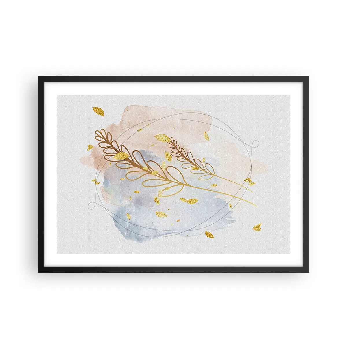 Poster in einem schwarzem Rahmen - Ein zartes goldenes Blattmotiv auf pastellfarbenem Hintergrund mit Aquarelldetails. - 70x50cm - Goldenr Hauch - Moderne Wanddekoration für Wohnzimmer und Schlafzimmer ARTTOR