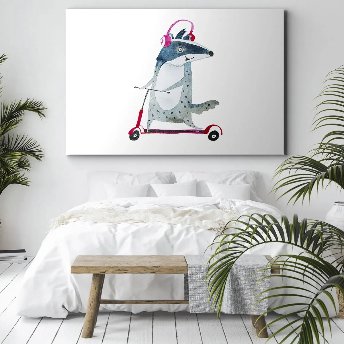 Bild auf Leinwand - Leinwandbild - Dachs auf einem Roller mit rosa Kopfhörern - 70x50cm - Dachsfreude - Moderne Wanddekoration für Wohnzimmer und Schlafzimmer ARTTOR