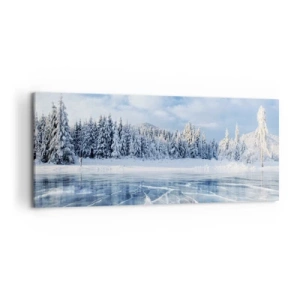 Bild auf Leinwand - Leinwandbild - Ein zugefrorener See, umgeben von einem schneebedeckten Wald - 120x50cm - Eine schillernde und kristallklare Aussicht - Moderne Wanddekoration für Wohnzimmer und Schlafzimmer ARTTOR