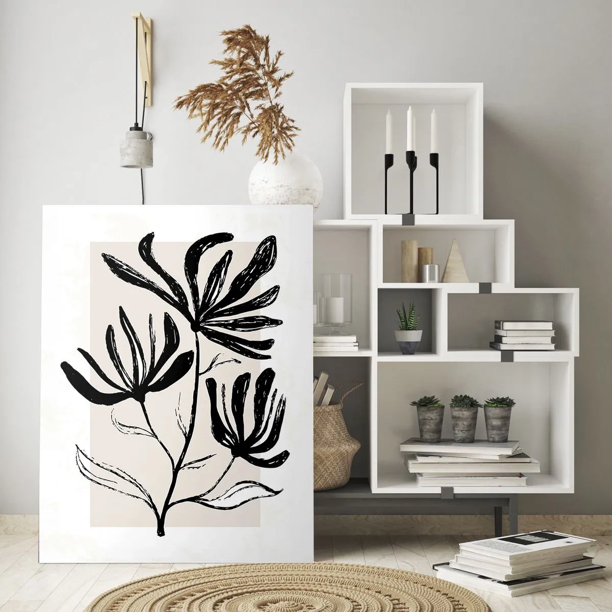 Glasbild - Bild auf glas - Minimalistisches schwarz-weißes Blumenmotiv - 80x120cm - Skizze für das Herbarium - Moderne Wanddekoration für Wohnzimmer und Schlafzimmer ARTTOR