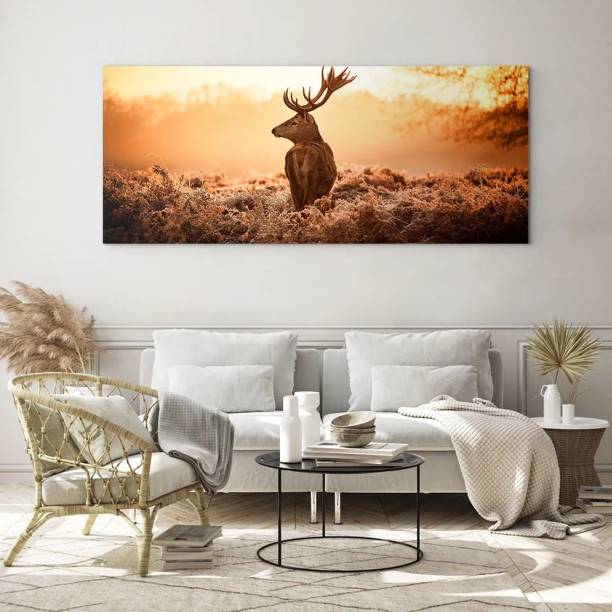 Glasbild - Bild auf glas - Hirsch in den Strahlen der aufgehenden Sonne - 140x50cm - Herr im eigenen Land - Moderne Wanddekoration für Wohnzimmer und Schlafzimmer ARTTOR