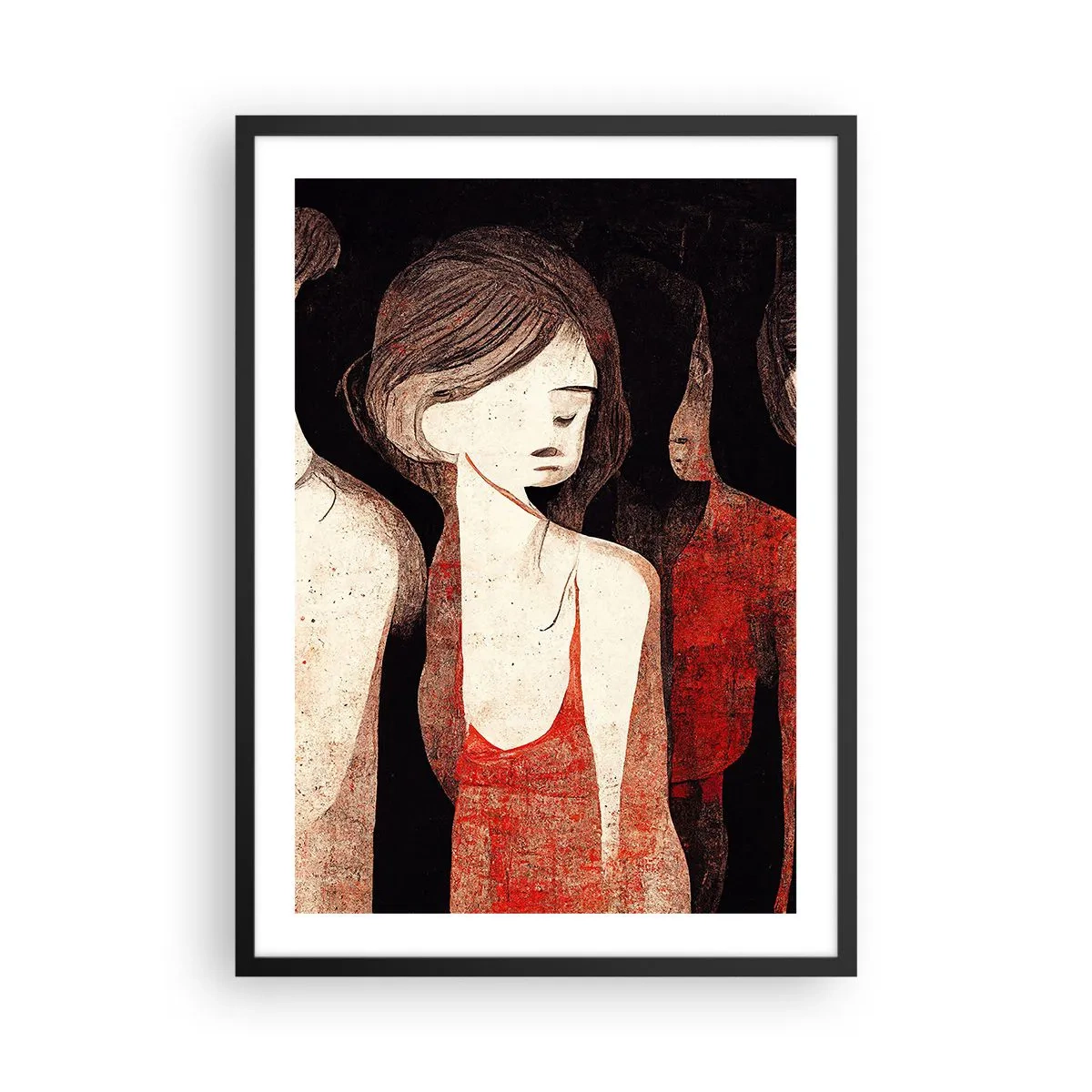 Poster in einem schwarzem Rahmen - Abstrakte Darstellung einer Figur in Rot und Schwarz - 50x70cm - Madonnen der Dunkelheit - Moderne Wanddekoration für Wohnzimmer und Schlafzimmer ARTTOR