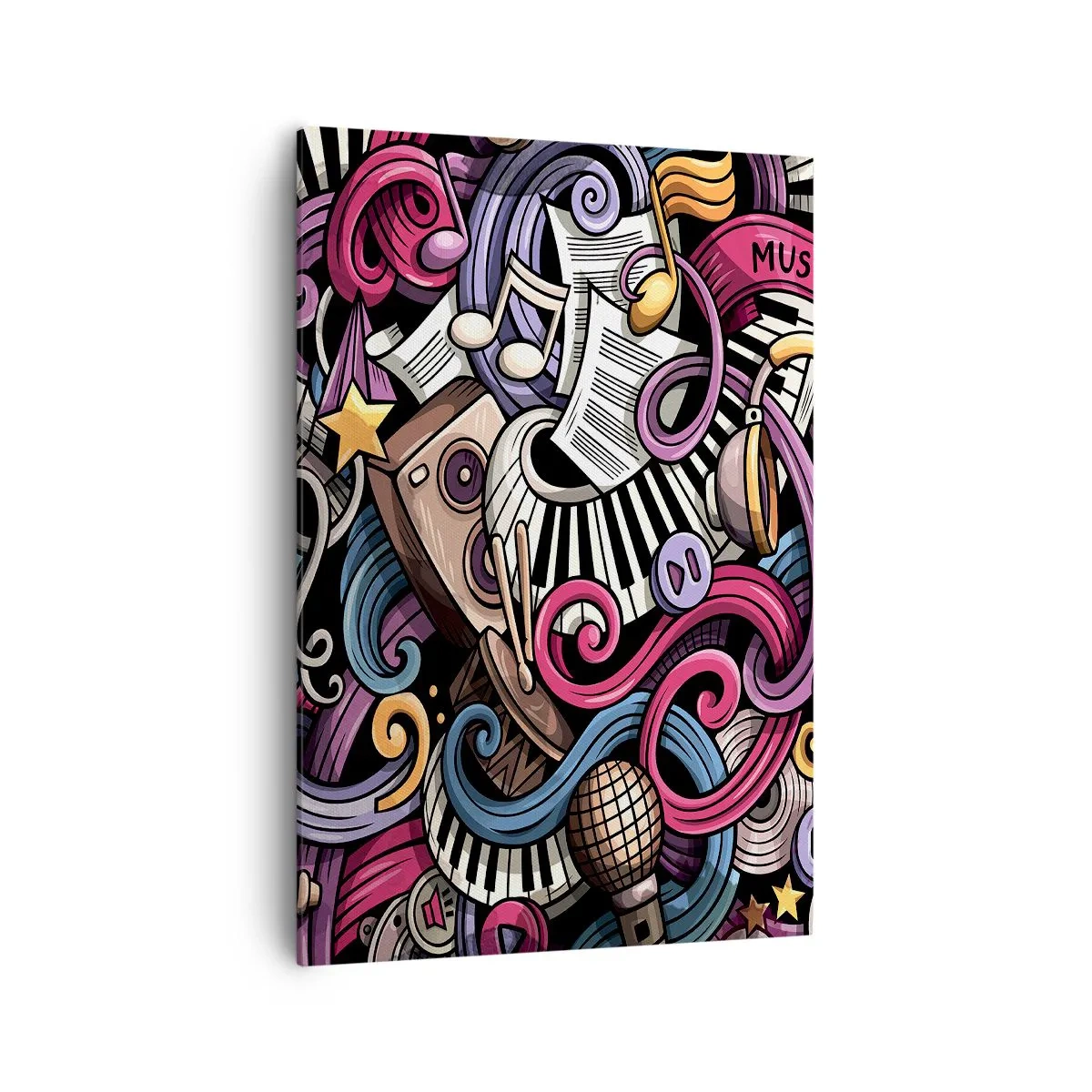 Bild auf Leinwand - Leinwandbild - Eine musikalische Abstraktion voller farbenfroher Instrumente und Noten. - 70x100cm - Komplizierte Melodie - Moderne Wanddekoration für Wohnzimmer und Schlafzimmer ARTTOR