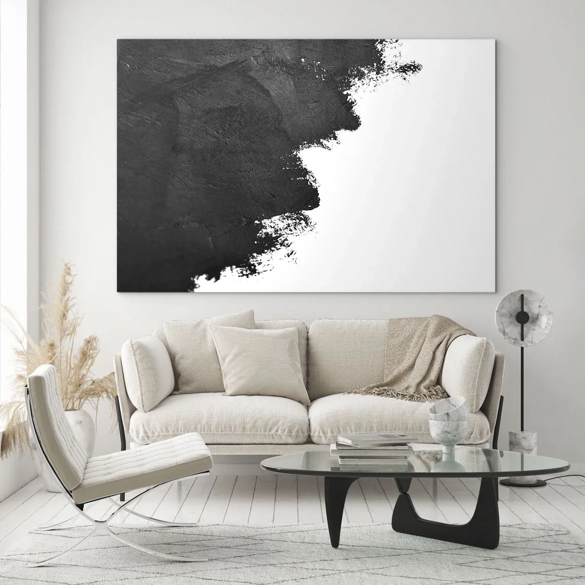 Glasbild - Bild auf glas - Schwarze Farbstruktur auf weißem Hintergrund im minimalistischen Stil - 70x50cm - Elemente: Erde - Moderne Wanddekoration für Wohnzimmer und Schlafzimmer ARTTOR