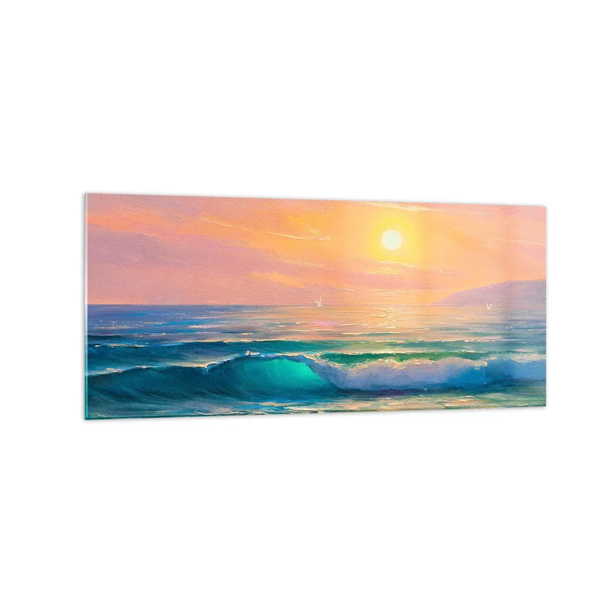 Glasbild - Bild auf glas - Meereslandschaft mit Sonnenuntergang - 120x50cm - Ein türkisfarbenes Lied der Wellen - Moderne Wanddekoration für Wohnzimmer und Schlafzimmer ARTTOR