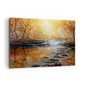Bild auf Leinwand - Leinwandbild - Herbstlandschaft mit einem Fluss zwischen den Bäumen - 100x70cm - Der goldene Strom - Moderne Wanddekoration für Wohnzimmer und Schlafzimmer ARTTOR
