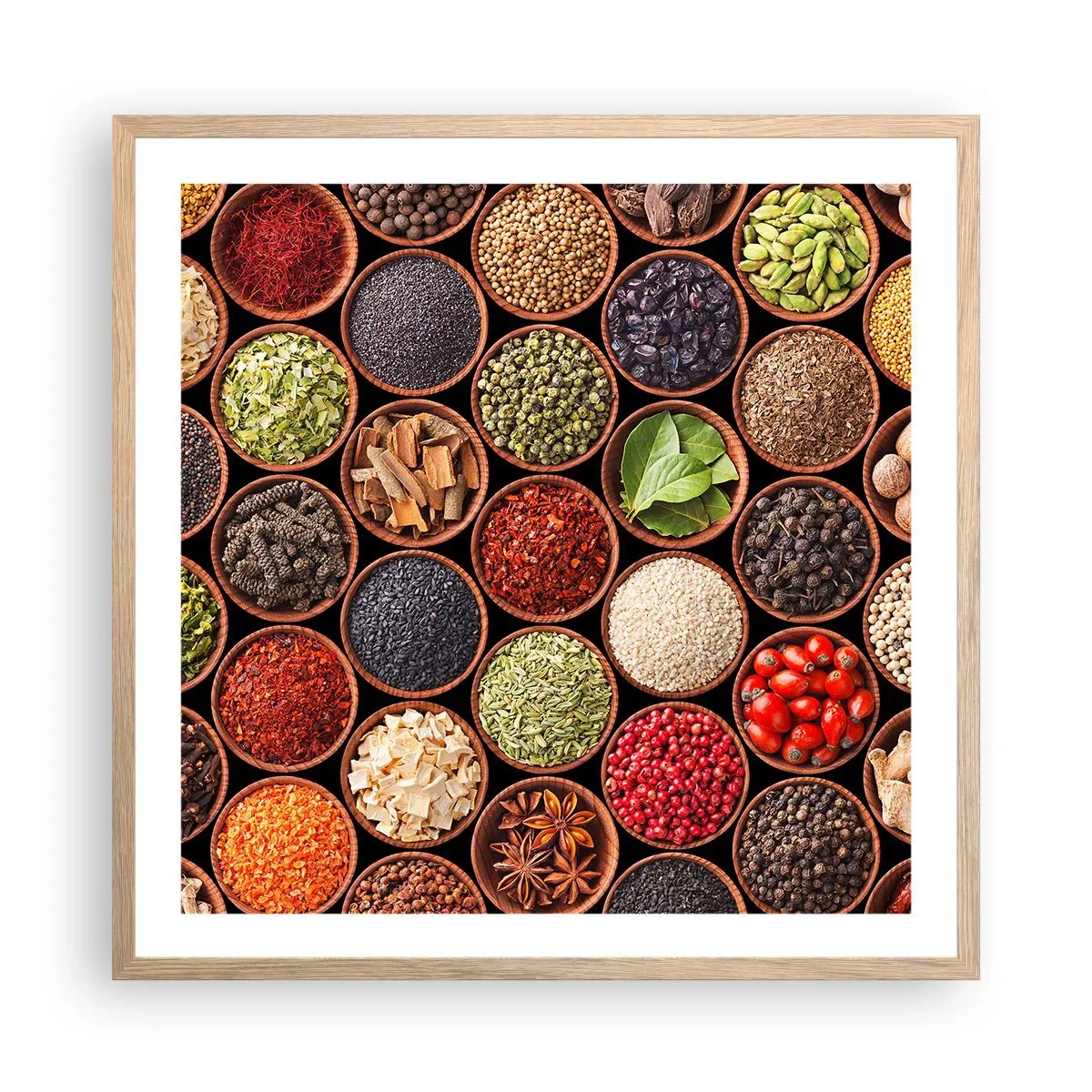 Poster in einem Rahmen aus heller Eiche - Alle Aromen der Welt - 60x60 cm