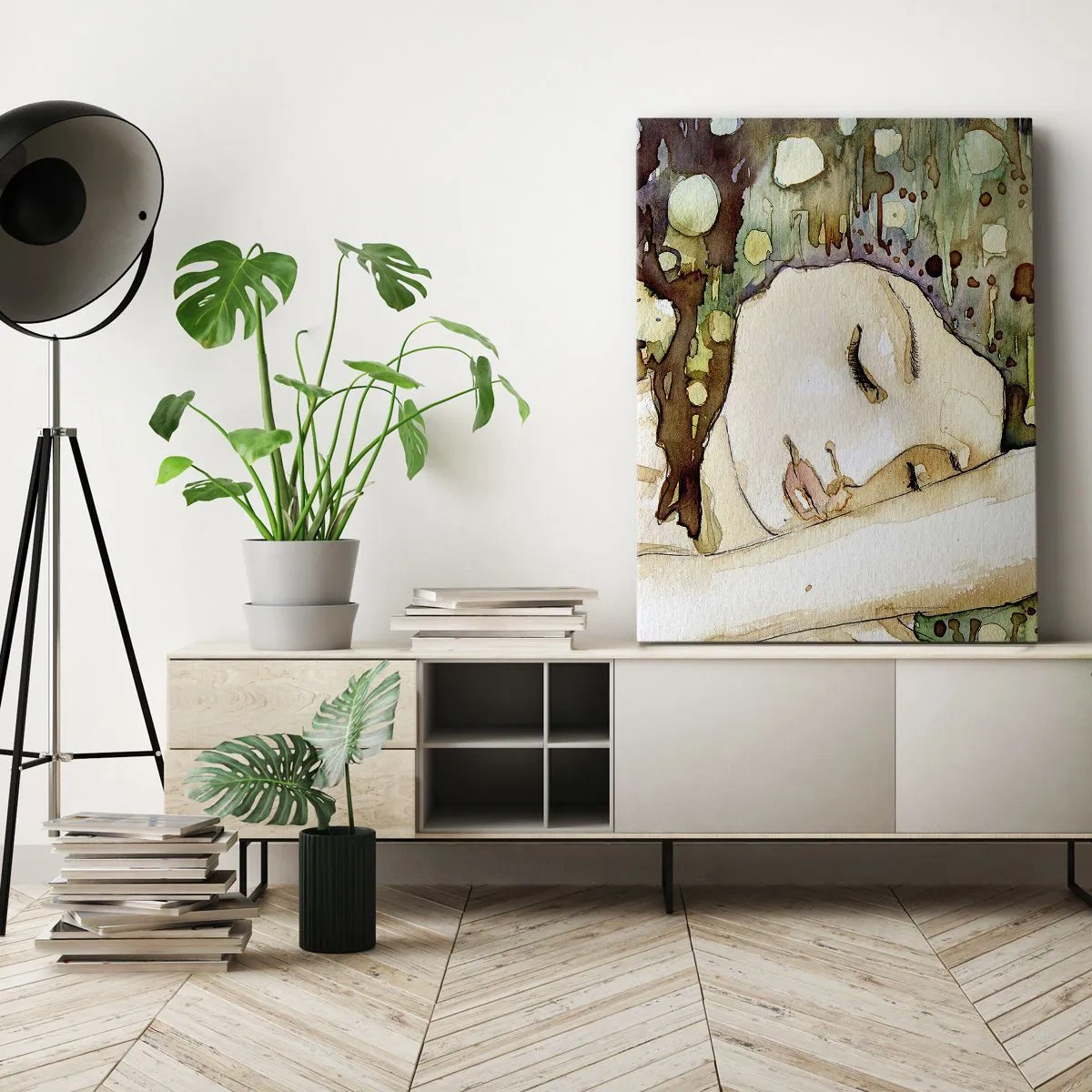 Bild auf Leinwand - Leinwandbild - Eine träumende Frau, umgeben von abstrakten Formen und Farben. - 50x70cm - Ein smaragd-violetter Traum - Moderne Wanddekoration für Wohnzimmer und Schlafzimmer ARTTOR
