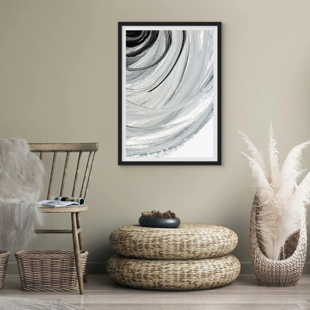 Poster in einem schwarzem Rahmen - Dynamische Abstraktion in Schwarz-, Weiß- und Grautönen - 50x70cm - Orbitale Komposition - Moderne Wanddekoration für Wohnzimmer und Schlafzimmer ARTTOR