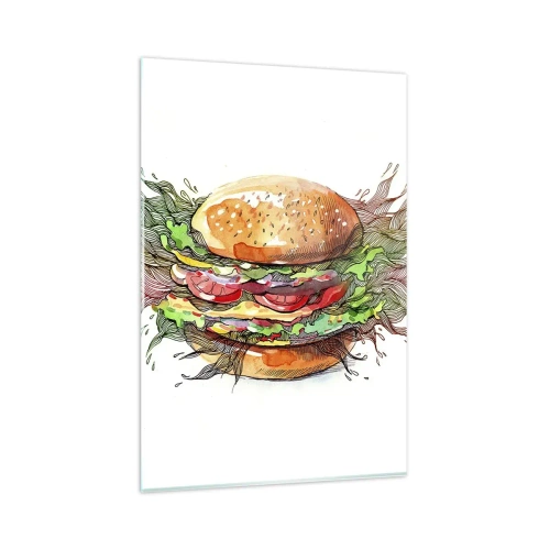 Glasbild - Bild auf glas - Künstlerische Darstellung eines Burgers mit dynamischen Elementen - 80x120cm - Heiße Versuchung - Moderne Wanddekoration für Wohnzimmer und Schlafzimmer ARTTOR