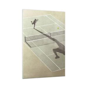 Glasbild - Bild auf glas - Der Schatten eines Tennisspielers auf dem Platz während eines Tennisspiels - 70x100cm - Überwinde dich selbst - Moderne Wanddekoration für Wohnzimmer und Schlafzimmer ARTTOR